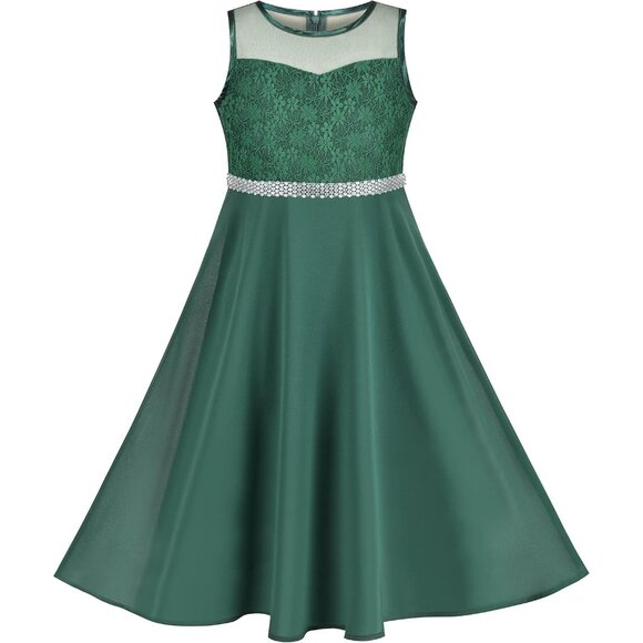 🆕Girls Green Rhinestone Chiffon Bridesmaid Dance Ball Maxi Gown Dress - Picture 1 of 6